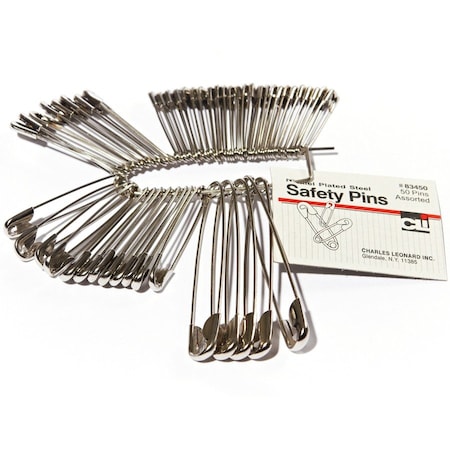 Safety Pins, Assorted Sizes, Nickel Plated, 50 Ea/Pk, PK50